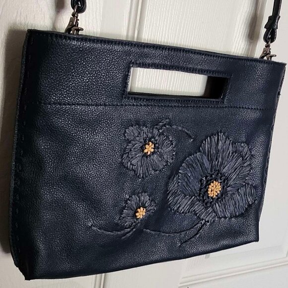 The Sak Blue Leather Handbag w/ Beaded Flowers - Picture 1 of 7
